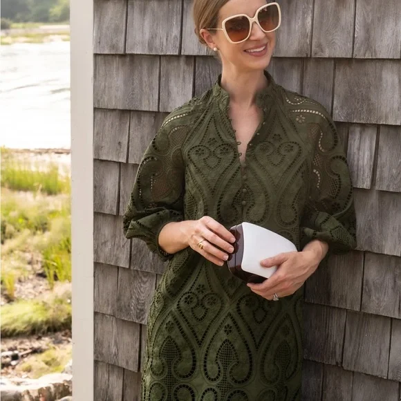 Tuckernuck Army Green Maryse Eyelet Lace Midi Dress medium - Picture 3 of 10